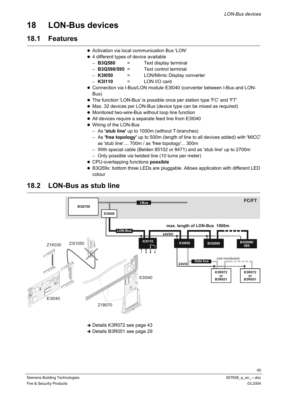 Lon-bus devices, Features, Lon-bus as stub line | See chapter 18), Details see chapter 18, 18 lon-bus devices, 1 features, 2 lon-bus as stub line | Siemens FC700A User Manual | Page 45 / 70