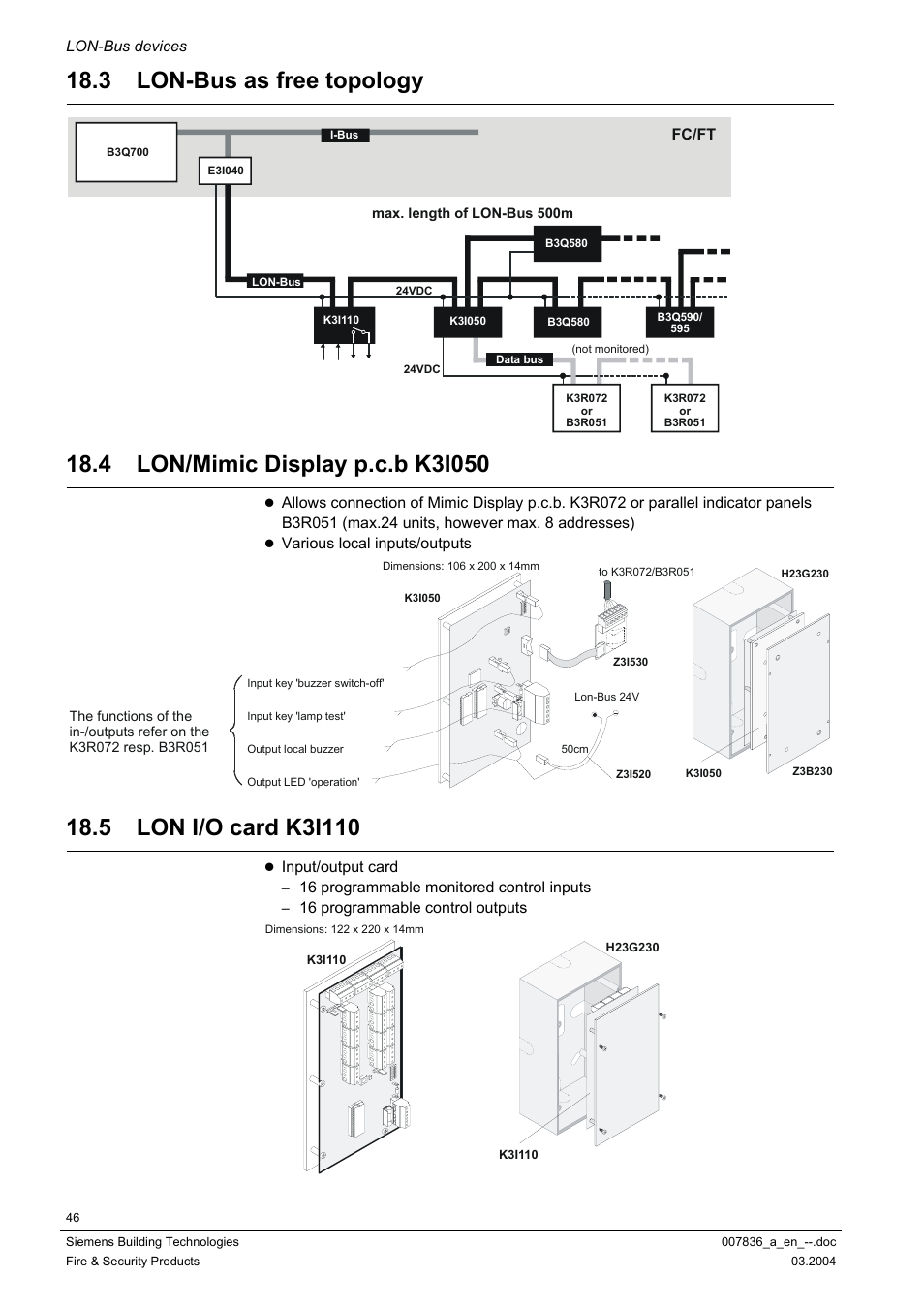 Lon-bus as free topology, Lon/mimic display p.c.b k3i050, Lon i/o card k3i110 | 3 lon-bus as free topology | Siemens FC700A User Manual | Page 46 / 70