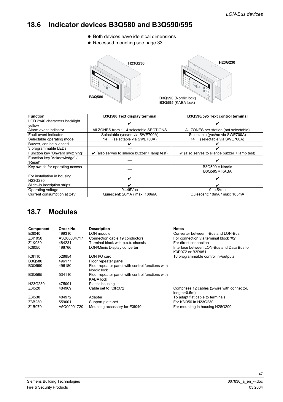 Indicator devices b3q580 and b3q590/595, Modules, 7 modules | Lon-bus devices, Both devices have identical dimensions, Recessed mounting see pa ge 33 | Siemens FC700A User Manual | Page 47 / 70