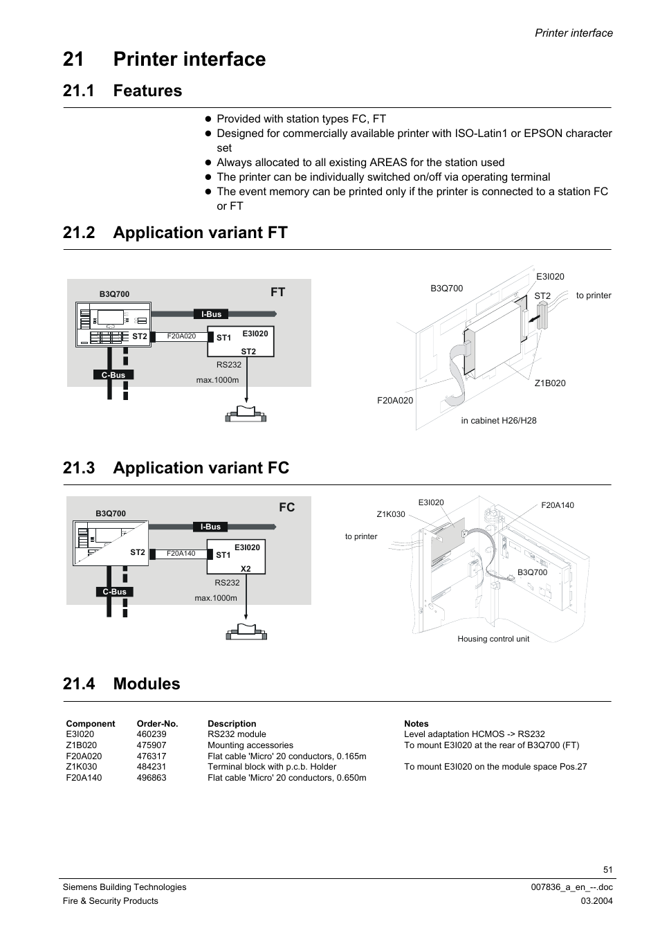 Printer interface, Features, Application variant ft | Application variant fc, Modules, 21 printer interface, 1 features, 2 application variant ft, 3 application variant fc, 4 modules | Siemens FC700A User Manual | Page 51 / 70