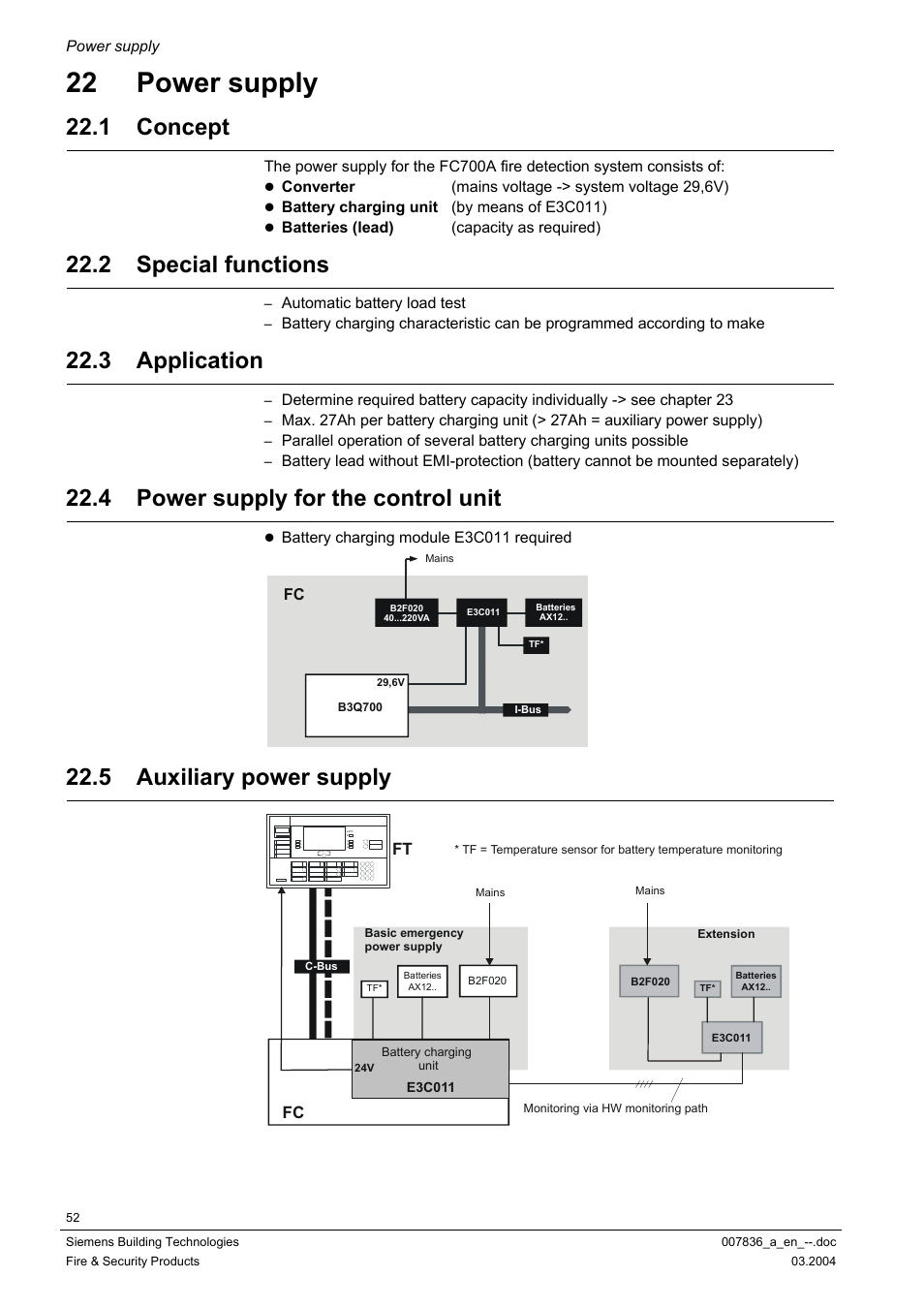 Power supply, Concept, Special functions | Application, Power supply for the control unit, Auxiliary power supply, 22 power supply, 1 concept, 2 special functions, 3 application | Siemens FC700A User Manual | Page 52 / 70