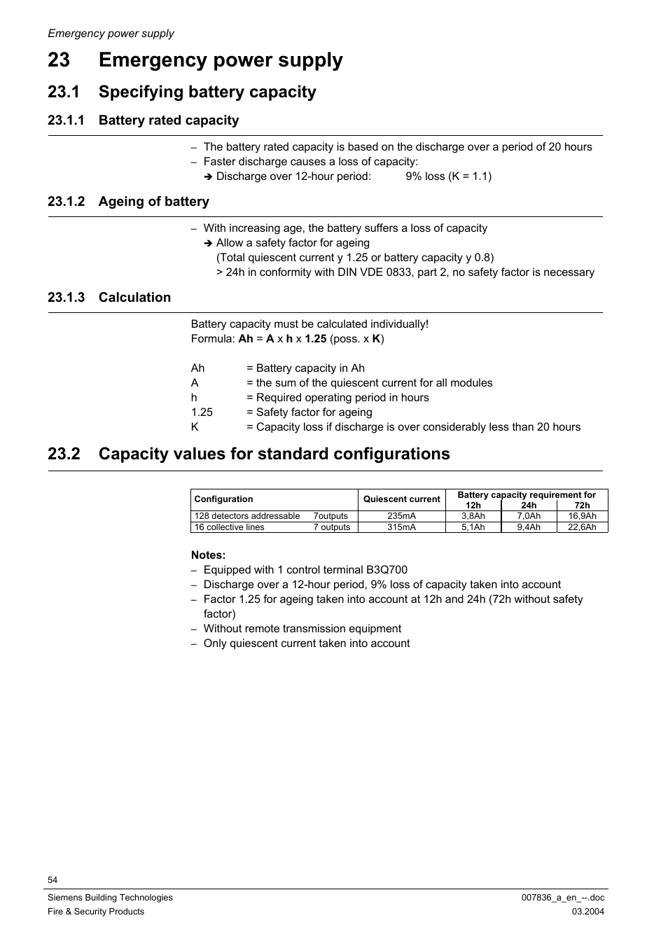 Emergency power supply, Specifying battery capacity, Battery rated capacity | Ageing of battery, Calculation, Capacity values for standard configurations, 23 emergency power supply, 1 specifying battery capacity, 2 capacity values for standard configurations, 1 battery rated capacity | Siemens FC700A User Manual | Page 54 / 70