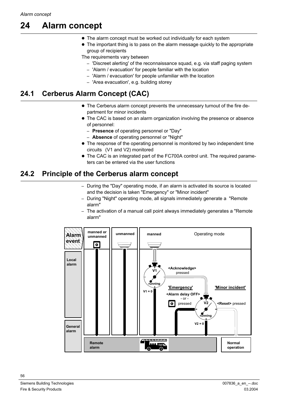 Alarm concept, Cerberus alarm concept (cac), Principle of the cerberus alarm concept | 24 alarm concept, 1 cerberus alarm concept (cac), 2 principle of the cerberus alarm concept | Siemens FC700A User Manual | Page 56 / 70