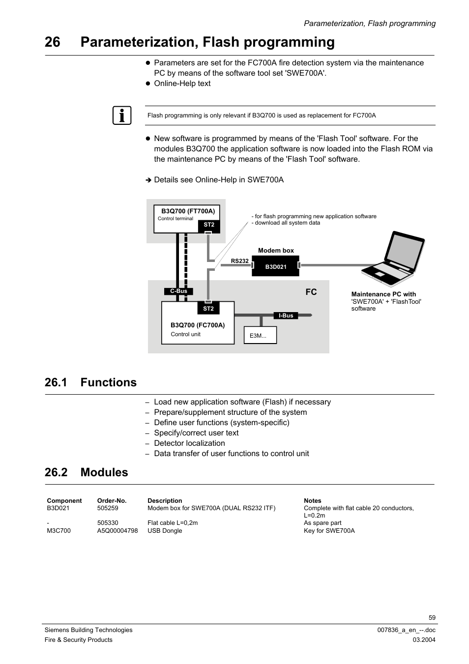 Parameterization, flash programming, Functions, Modules | 26 parameterization, flash programming, 1 functions, 2 modules | Siemens FC700A User Manual | Page 59 / 70