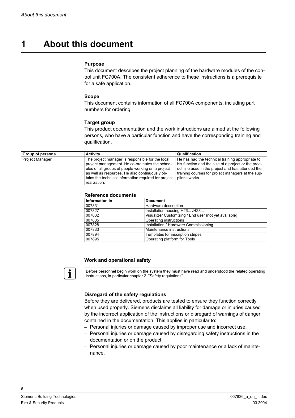 About this document, 1 about this document | Siemens FC700A User Manual | Page 6 / 70