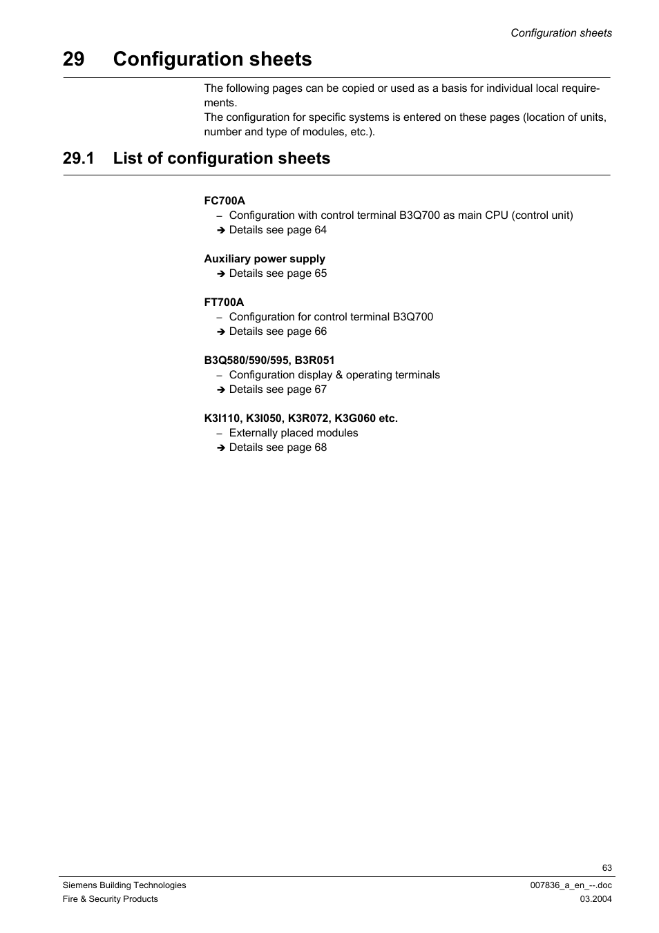 Configuration sheets, List of configuration sheets, 29 configuration sheets | 1 list of configuration sheets | Siemens FC700A User Manual | Page 63 / 70