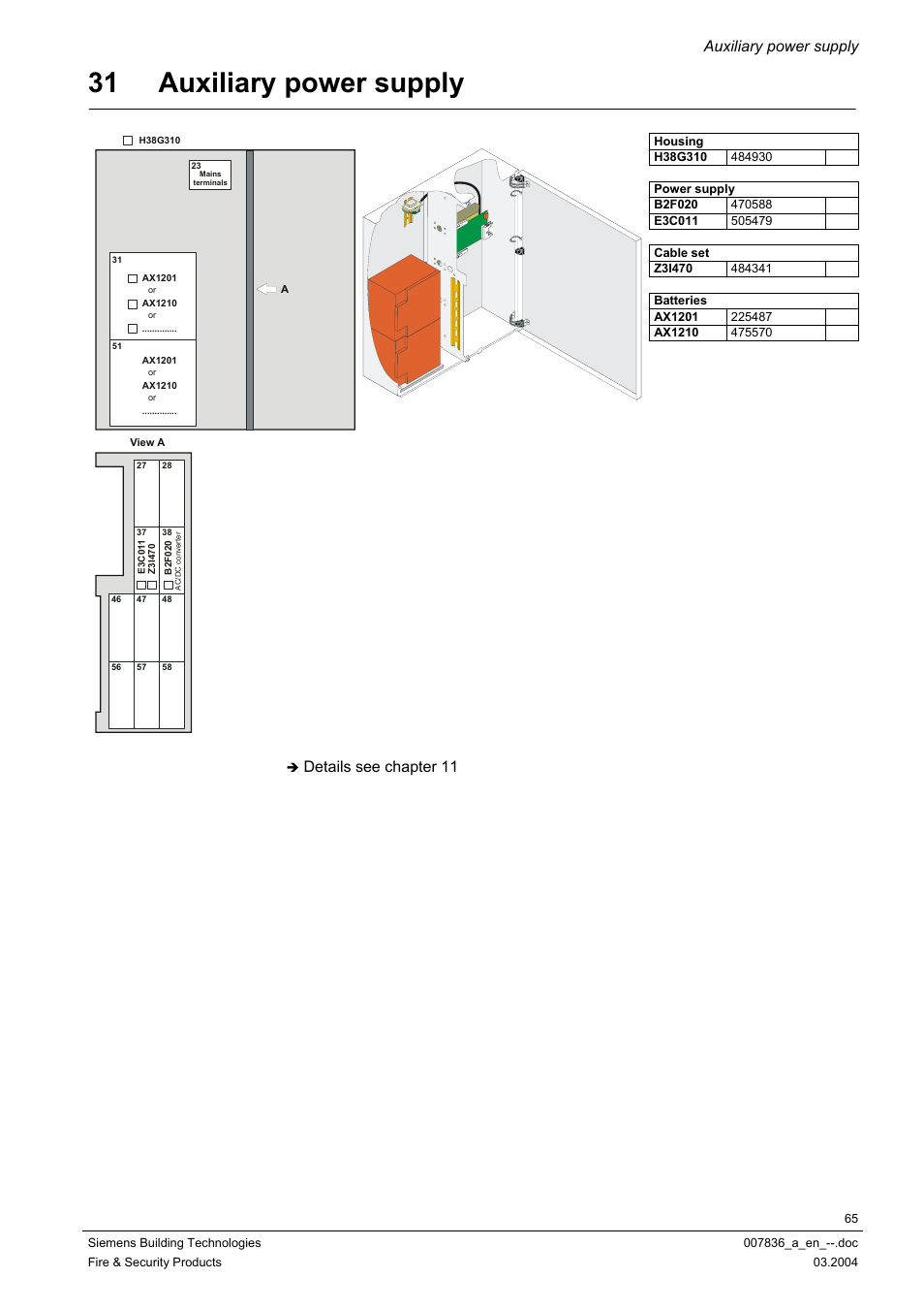 Auxiliary power supply, Age 65, 31 auxiliary power supply | Details se e chapter 11 | Siemens FC700A User Manual | Page 65 / 70