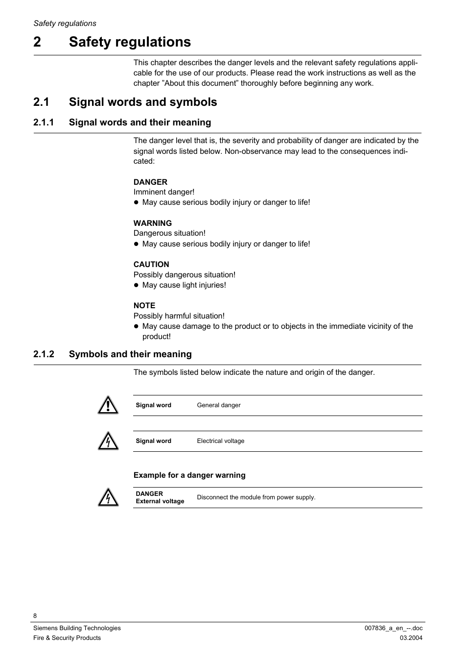 Safety regulations, Signal words and symbols, Signal words and their meaning | Symbols and their meaning, 2 safety regulations, 1 signal words and symbols, 1 signal words and their meaning, 2 symbols and their meaning | Siemens FC700A User Manual | Page 8 / 70