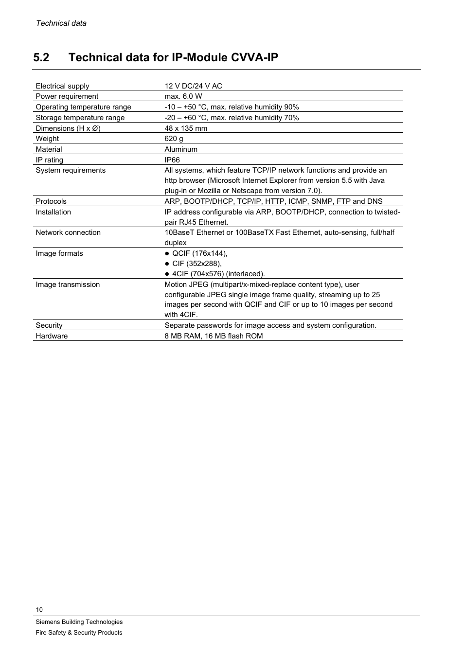 Technical data for ip-module cvva-ip, 2 technical data for ip-module cvva-ip | Siemens IP-Module CFVA-IP User Manual | Page 10 / 38