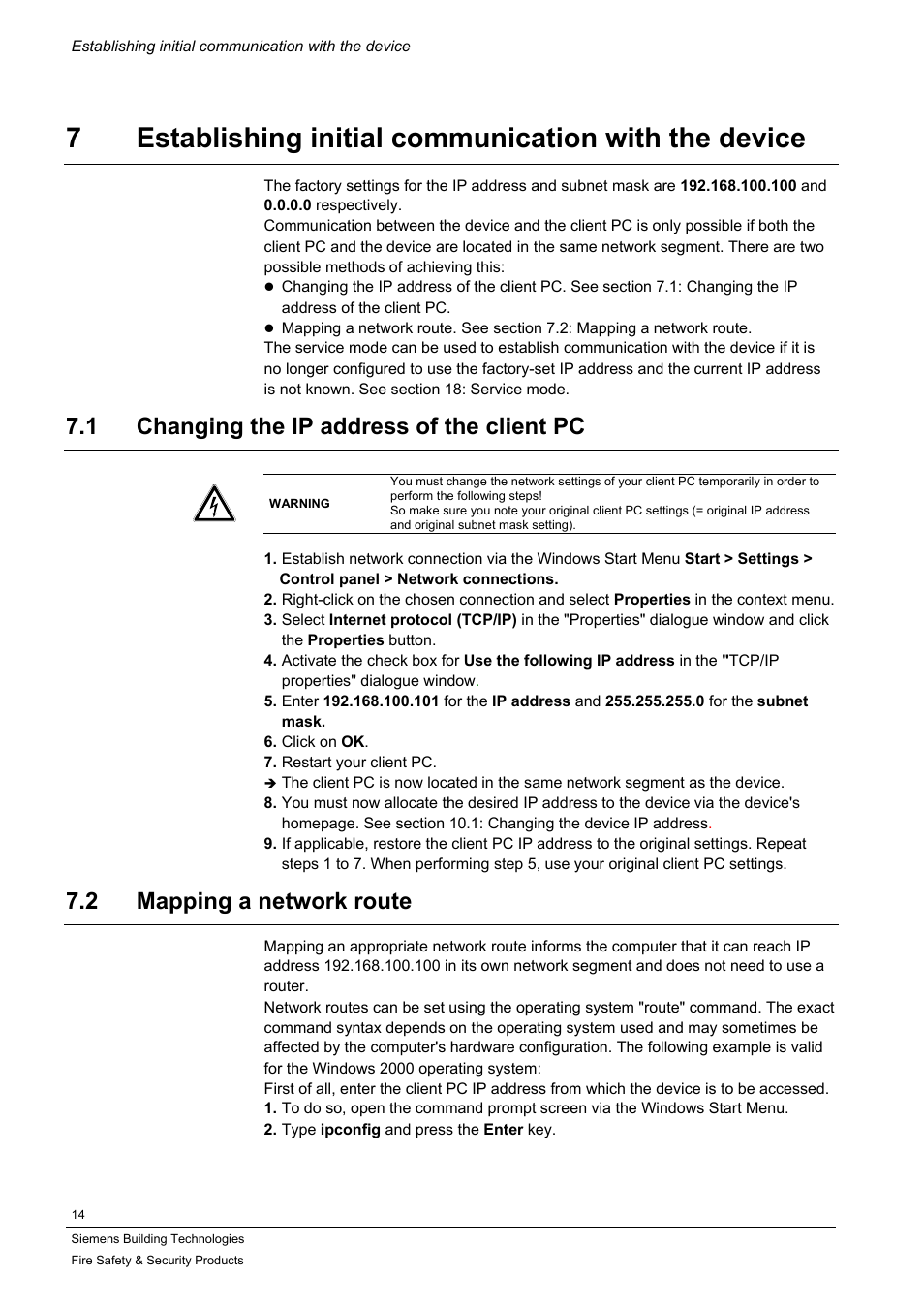 Establishing initial communication with the device, Changing the ip address of the client pc, Mapping a network route | 1 changing the ip address of the client pc, 2 mapping a network route | Siemens IP-Module CFVA-IP User Manual | Page 14 / 38