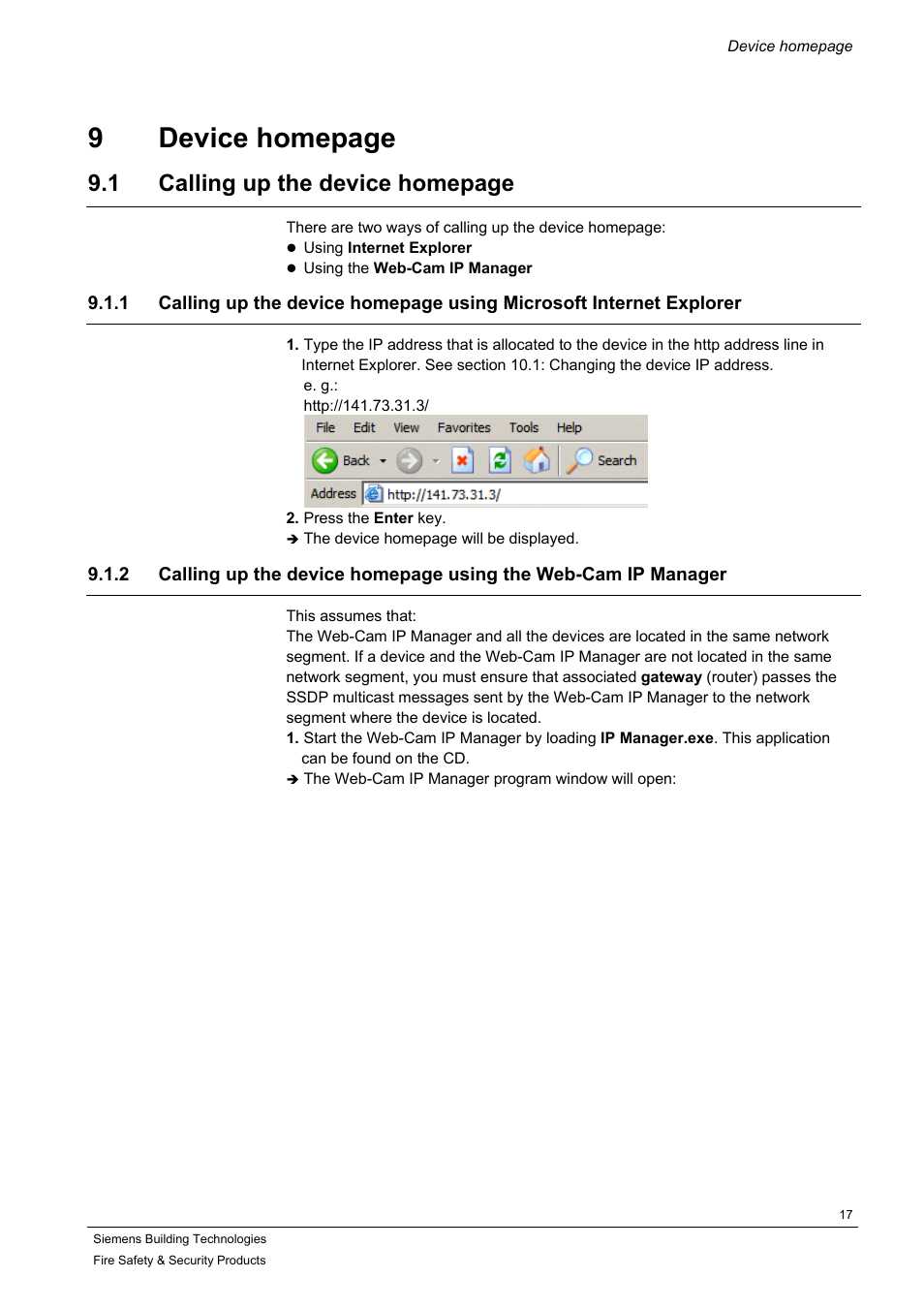 9 device homepage, 1 calling up the device homepage | Siemens IP-Module CFVA-IP User Manual | Page 17 / 38