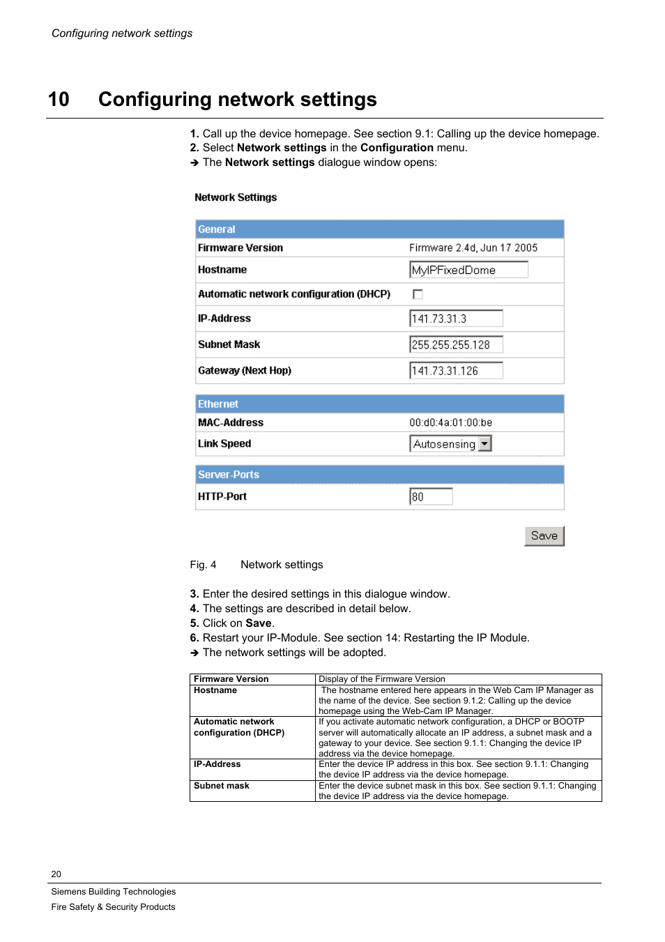 Configuring network settings, 10 configuring network settings | Siemens IP-Module CFVA-IP User Manual | Page 20 / 38