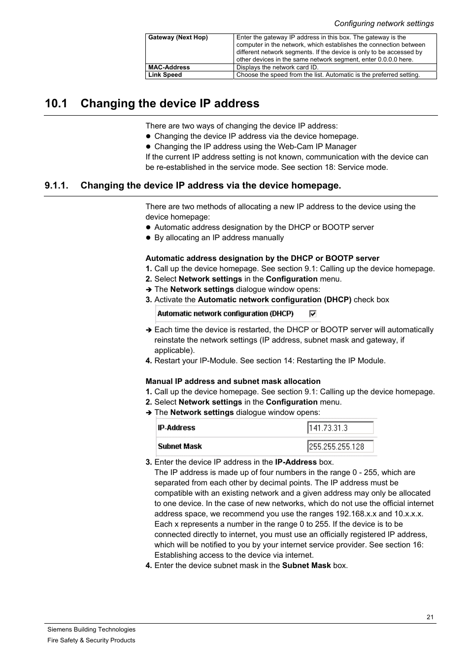 Changing the device ip address, Ction 10.1: changing the device ip address, 1 changing the device ip address | Siemens IP-Module CFVA-IP User Manual | Page 21 / 38