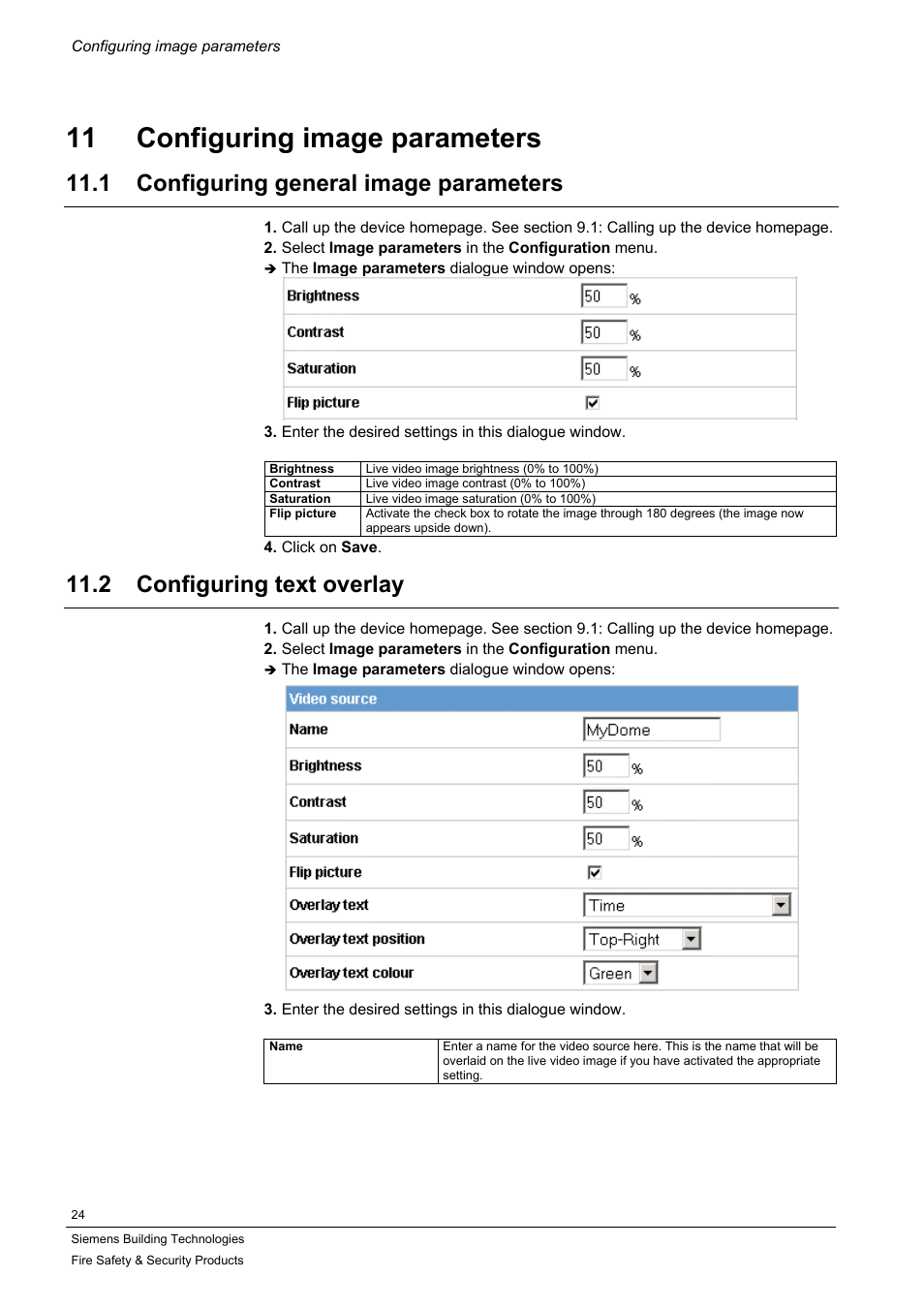 Configuring image parameters, Configuring general image parameters, Configuring text overlay | 11 configuring image parameters, 1 configuring general image parameters, 2 configuring text overlay | Siemens IP-Module CFVA-IP User Manual | Page 24 / 38