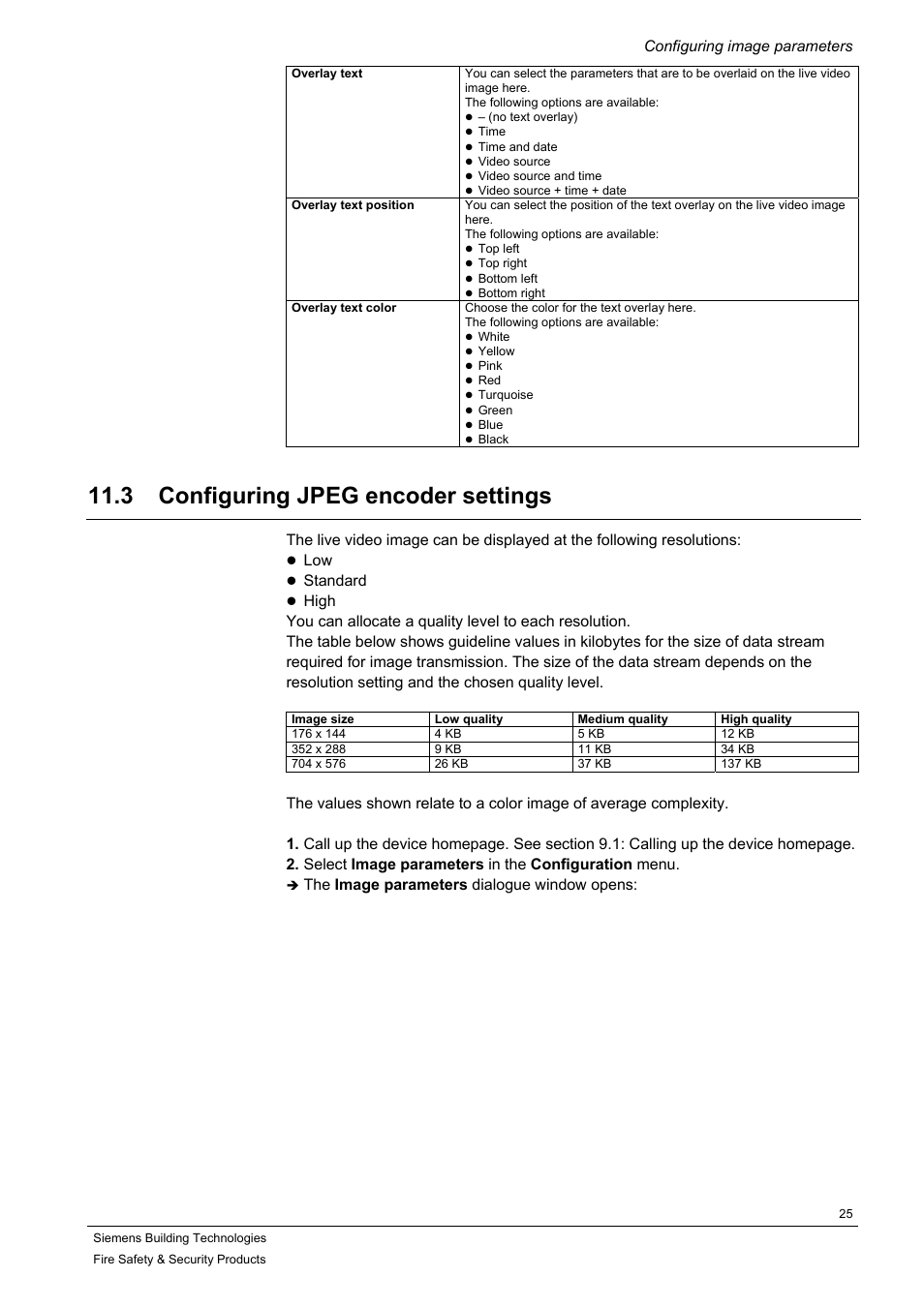 Configuring jpeg encoder settings, 3 configuring jpeg encoder settings, Configuring image parameters | Standard, The image parameters dialogue window opens | Siemens IP-Module CFVA-IP User Manual | Page 25 / 38