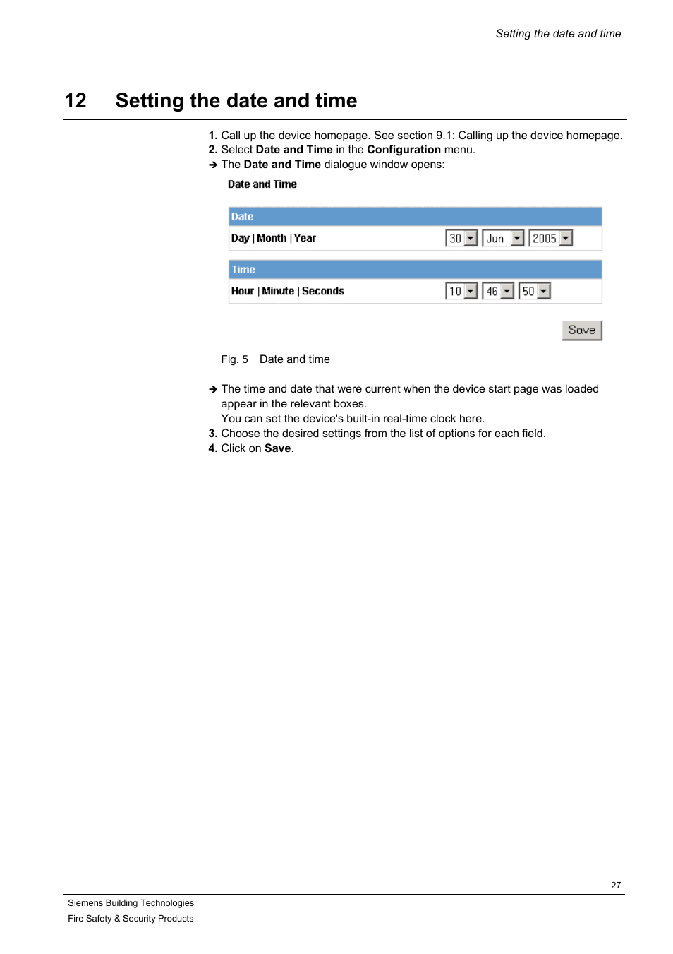 Setting the date and time, 12 setting the date and time | Siemens IP-Module CFVA-IP User Manual | Page 27 / 38