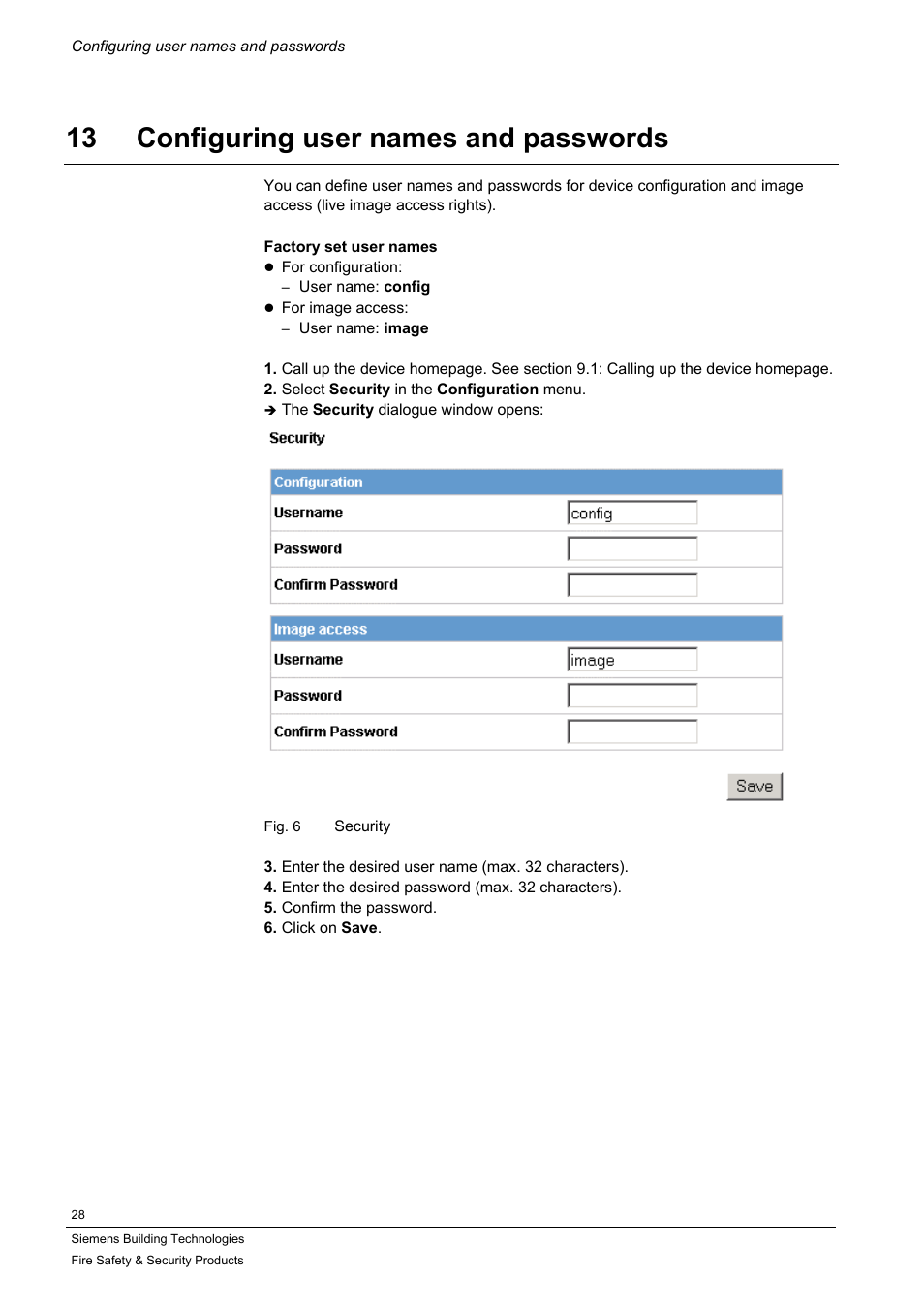 Configuring user names and passwords, 13 configuring user names and passwords | Siemens IP-Module CFVA-IP User Manual | Page 28 / 38