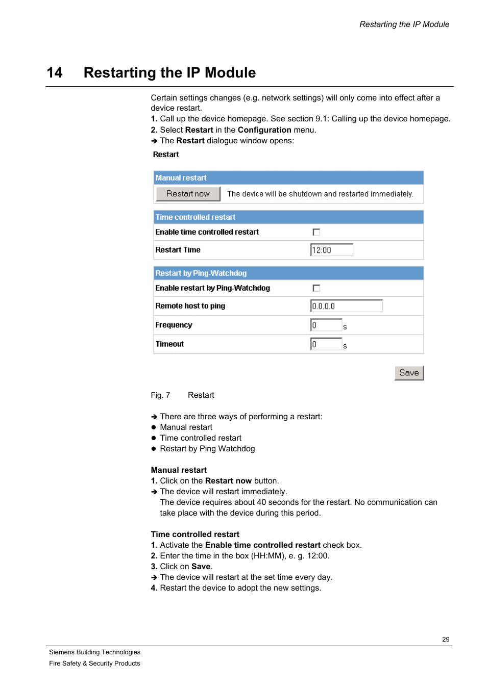 Restarting the ip module, On 14: restarting the ip module, 14 restarting the ip module | Siemens IP-Module CFVA-IP User Manual | Page 29 / 38