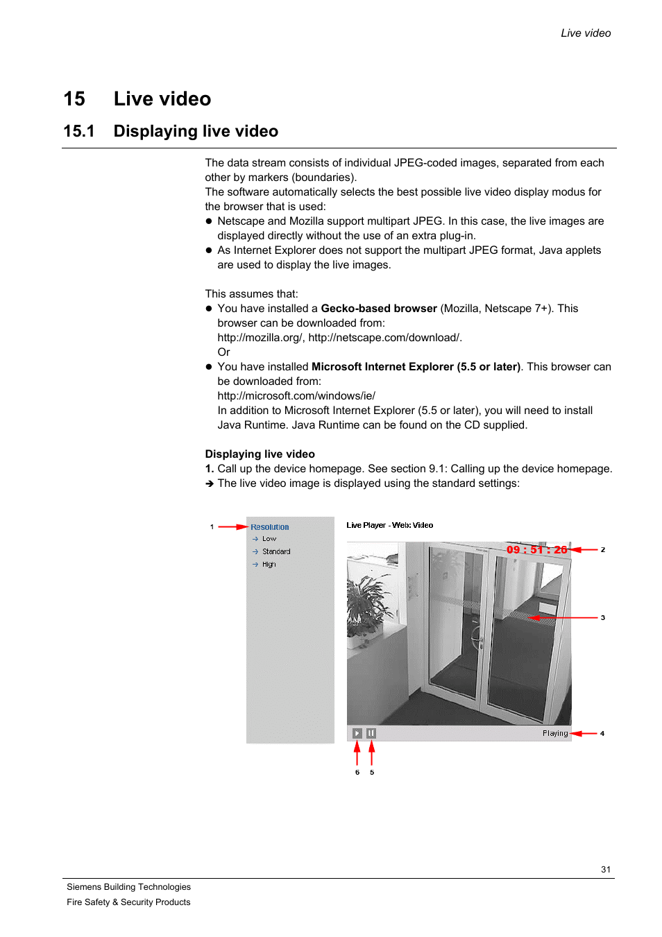 Live video, Displaying live video, 15 live video | 1 displaying live video | Siemens IP-Module CFVA-IP User Manual | Page 31 / 38