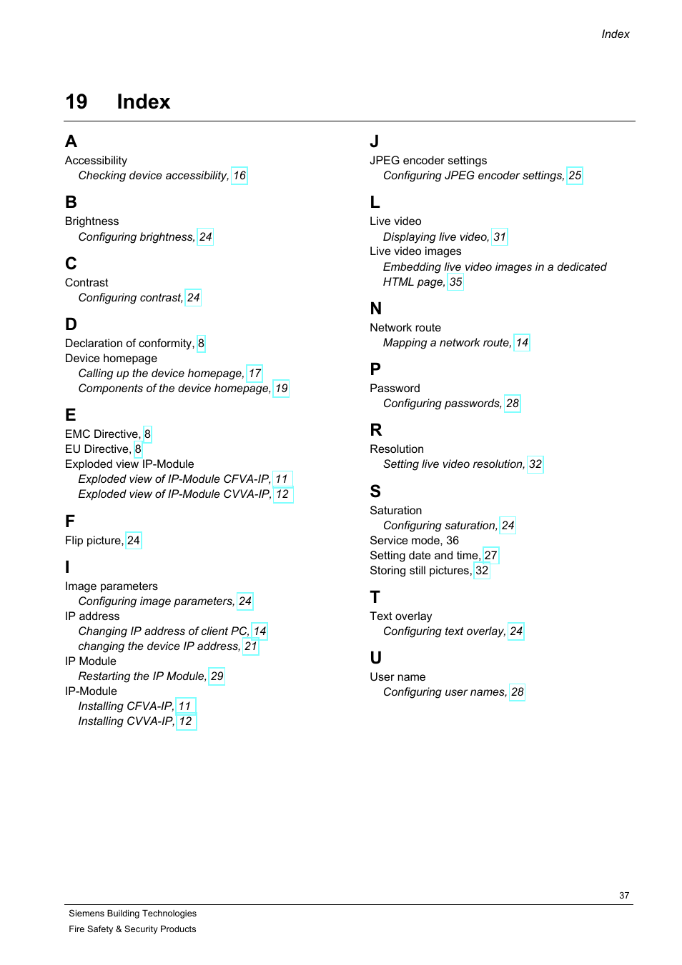 Index, 19 index | Siemens IP-Module CFVA-IP User Manual | Page 37 / 38