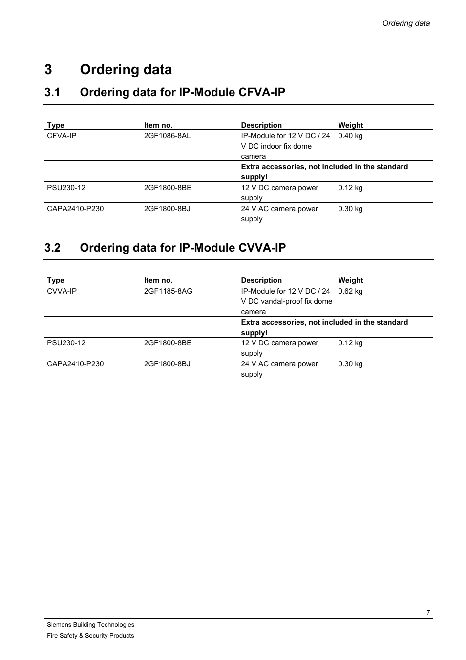 Ordering data, Ordering data for ip-module cfva-ip, Ordering data for ip-module cvva-ip | 3 ordering data, 1 ordering data for ip-module cfva-ip, 2 ordering data for ip-module cvva-ip | Siemens IP-Module CFVA-IP User Manual | Page 7 / 38