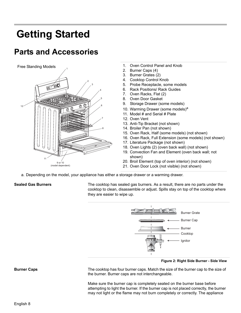 Getting started, Parts and accessories, Oven control panel and knob | Burner caps (4), Burner grates (2), Cooktop control knob, Probe receptacle, some models, Rack positions/ rack guides, Oven racks, flat (2), Oven door gasket | Siemens HD2528U  EN User Manual | Page 10 / 52