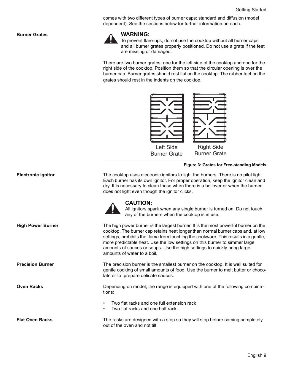 Burner grates, Figure 3: grates for free-standing models, Electronic ignitor | High power burner, Precision burner, Oven racks, Flat oven racks | Siemens HD2528U  EN User Manual | Page 11 / 52