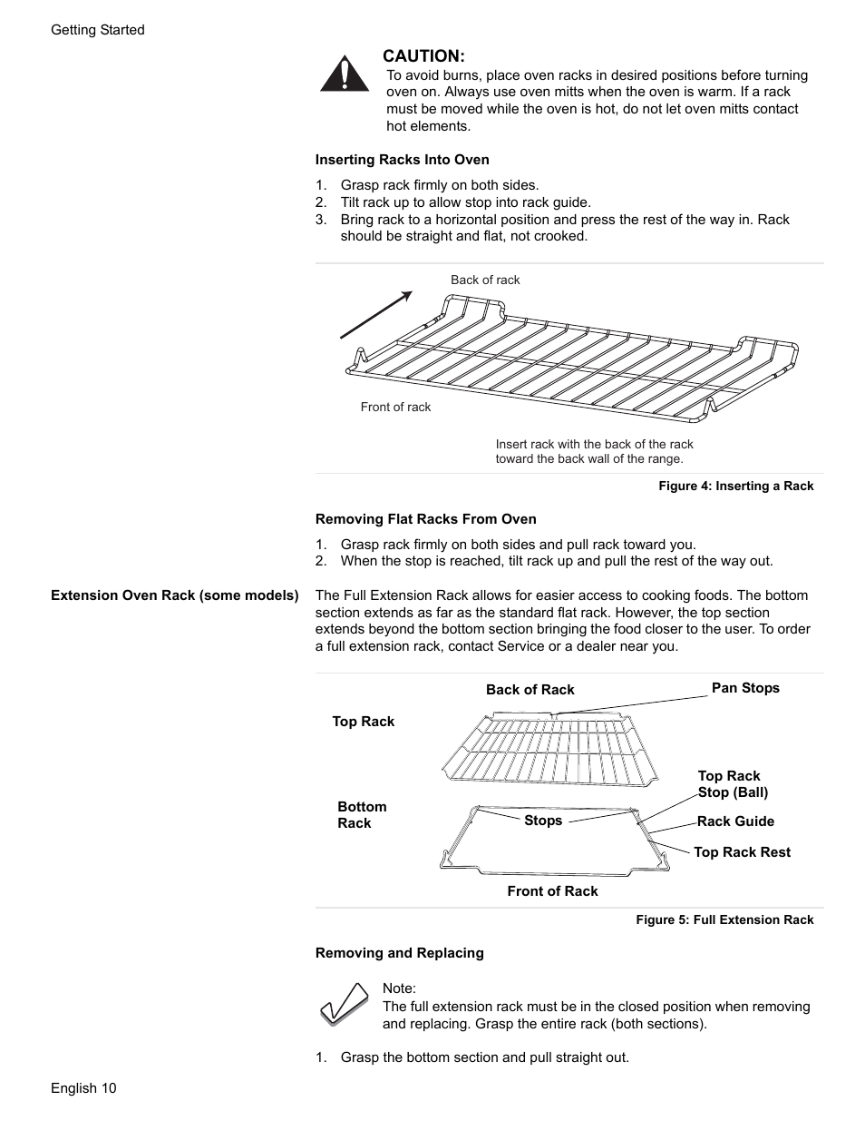 Grasp rack firmly on both sides, Tilt rack up to allow stop into rack guide, Figure 4: inserting a rack | Extension oven rack (some models), Figure 5: full extension rack, Grasp the bottom section and pull straight out | Siemens HD2528U  EN User Manual | Page 12 / 52