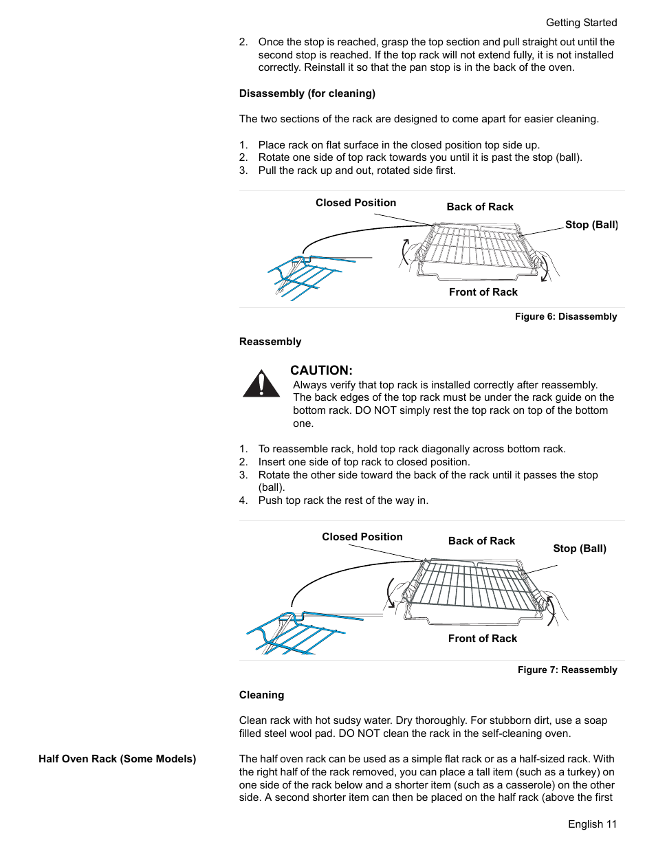 Pull the rack up and out, rotated side first, Figure 6: disassembly, Insert one side of top rack to closed position | Push top rack the rest of the way in, Figure 7: reassembly, Half oven rack (some models) | Siemens HD2528U  EN User Manual | Page 13 / 52