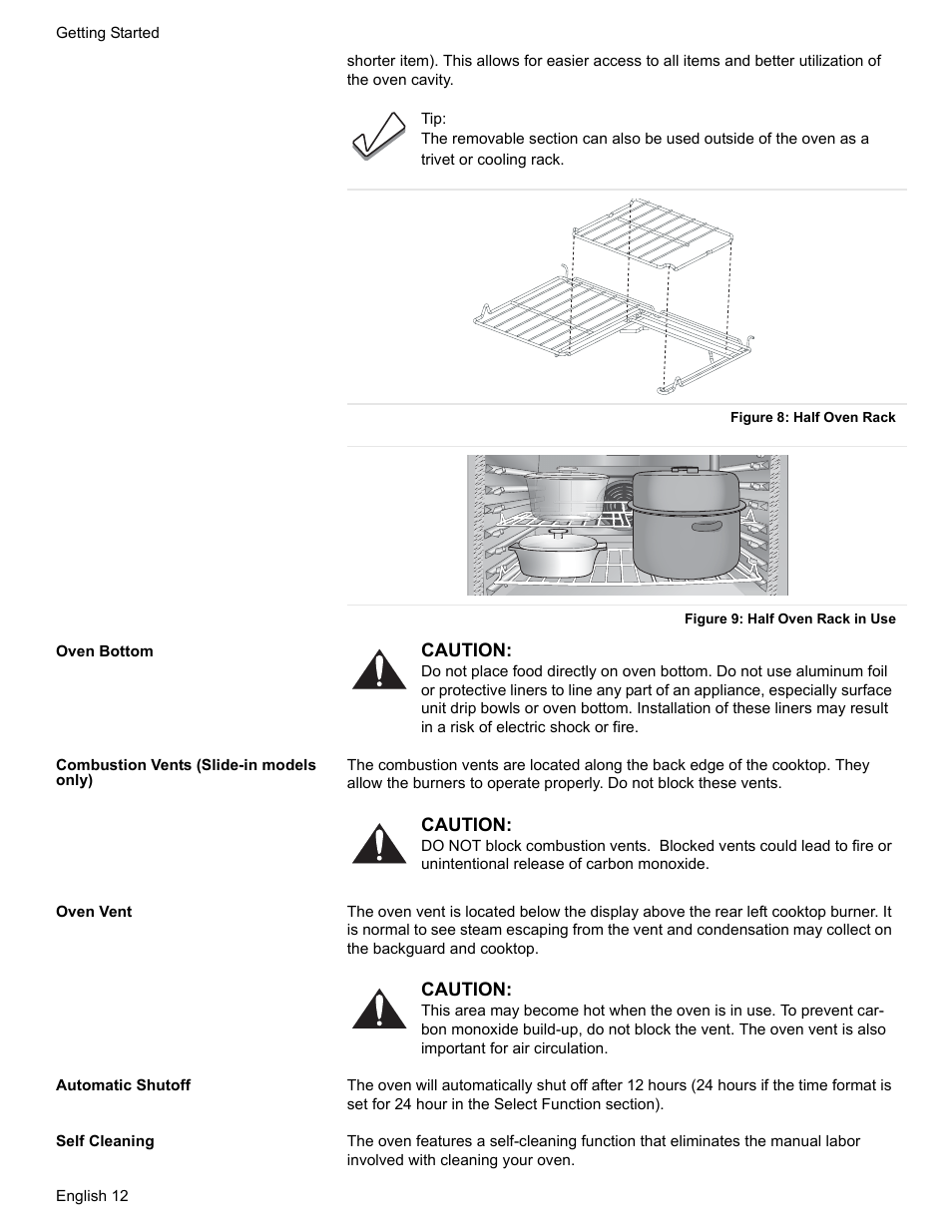 Figure 8: half oven rack, Figure 9: half oven rack in use, Oven bottom | Combustion vents (slide-in models only), Oven vent, Automatic shutoff, Self cleaning | Siemens HD2528U  EN User Manual | Page 14 / 52