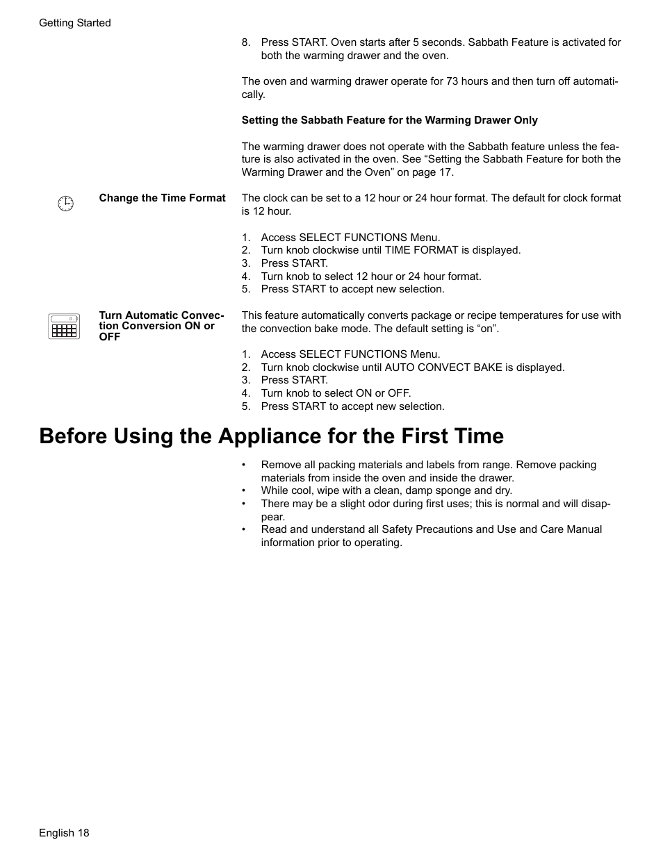 Change the time format, Access select functions menu, Turn knob clockwise until time format is displayed | Press start, Turn knob to select 12 hour or 24 hour format, Press start to accept new selection, Turn automatic convection conversion on or off, Turn knob to select on or off, Before using the appliance for the first time | Siemens HD2528U  EN User Manual | Page 20 / 52