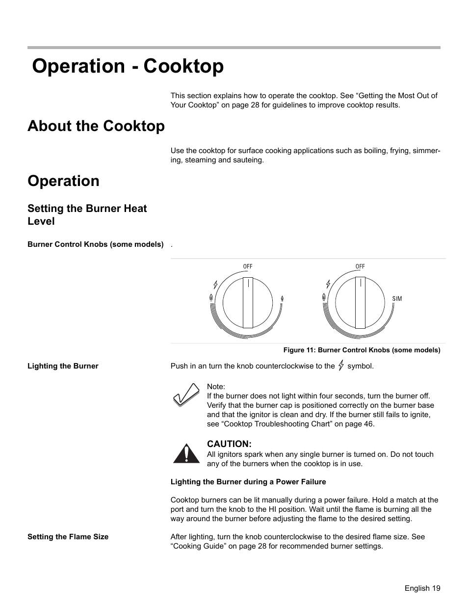 Operation - cooktop, About the cooktop, Operation | Setting the burner heat level, Burner control knobs (some models), Figure 11: burner control knobs (some models), Lighting the burner, Setting the flame size | Siemens HD2528U  EN User Manual | Page 21 / 52