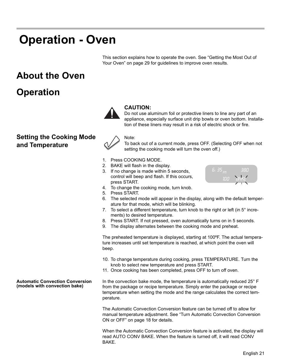 Operation - oven, About the oven, Operation | Setting the cooking mode and temperature, Press cooking mode, Bake will flash in the display, Bake, To change the cooking mode, turn knob, Press start, About the oven operation | Siemens HD2528U  EN User Manual | Page 23 / 52