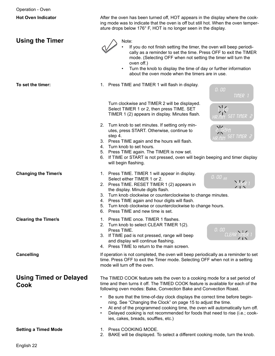 Hot oven indicator, Using the timer, To set the timer | Press time and timer 1 will flash in display, Timer 1, Set timer 2, Press time again and the hours will flash, Turn knob to set hours, Press time again. the timer is now set, Changing the timer/s | Siemens HD2528U  EN User Manual | Page 24 / 52