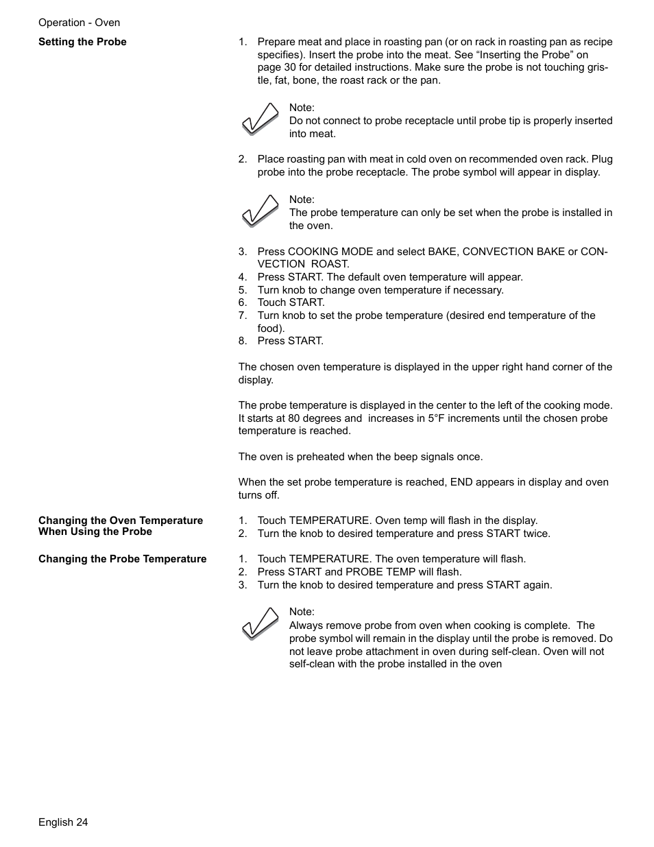 Setting the probe, Turn knob to change oven temperature if necessary, Touch start | Press start, Changing the oven temperature when using the probe, Changing the probe temperature, Touch temperature. the oven temperature will flash, Press start and probe temp will flash | Siemens HD2528U  EN User Manual | Page 26 / 52