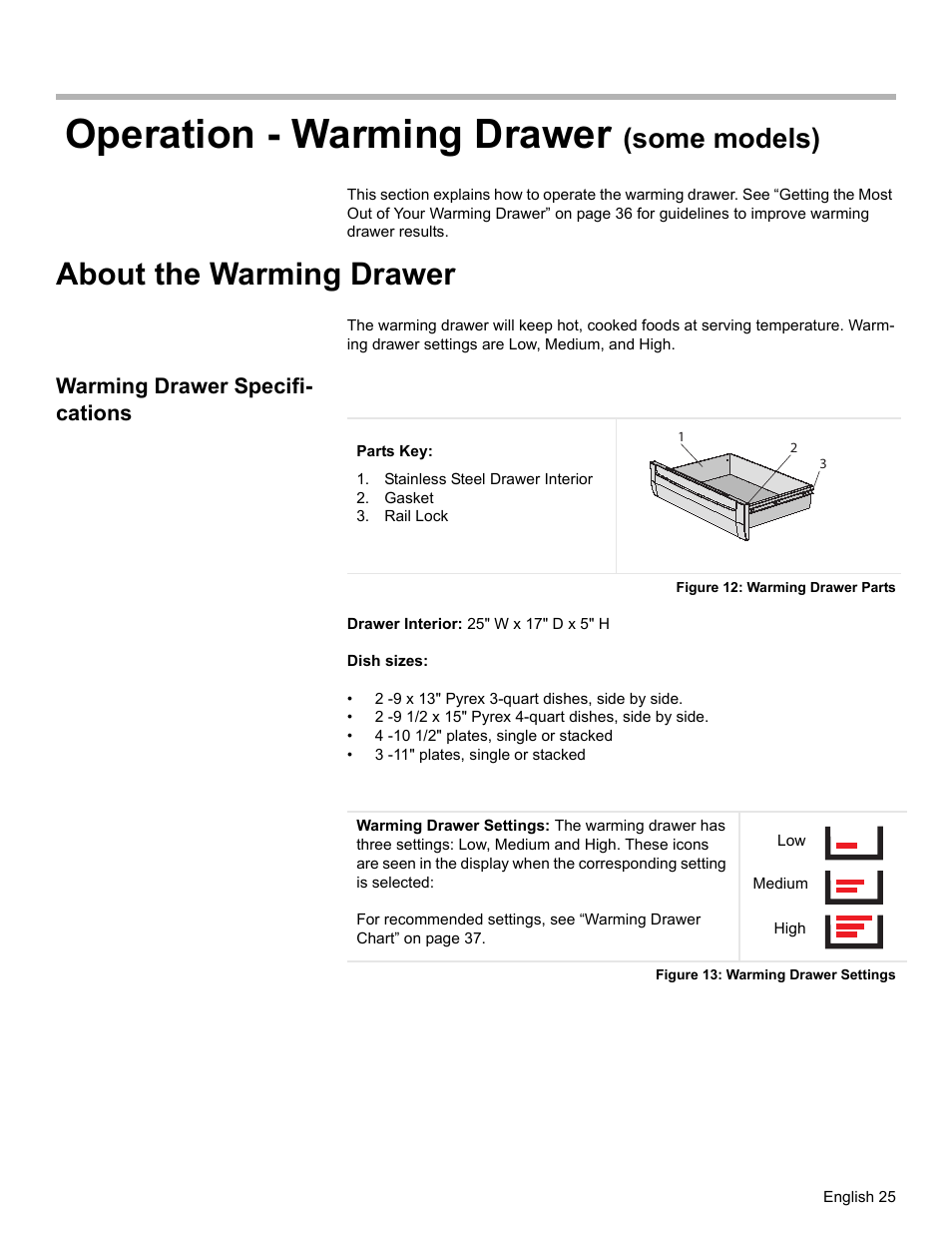 Operation - warming drawer (some models), About the warming drawer, Warming drawer specifications | Stainless steel drawer interior, Gasket, Rail lock, Figure 12: warming drawer parts, Figure 13: warming drawer settings, Operation - warming drawer, Some models) | Siemens HD2528U  EN User Manual | Page 27 / 52