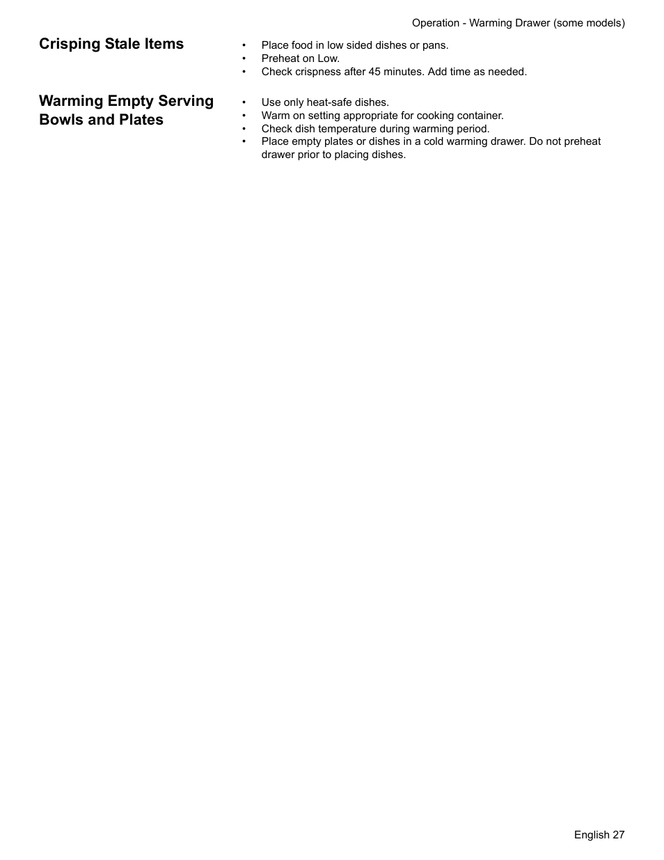 Crisping stale items, Warming empty serving bowls and plates | Siemens HD2528U  EN User Manual | Page 29 / 52