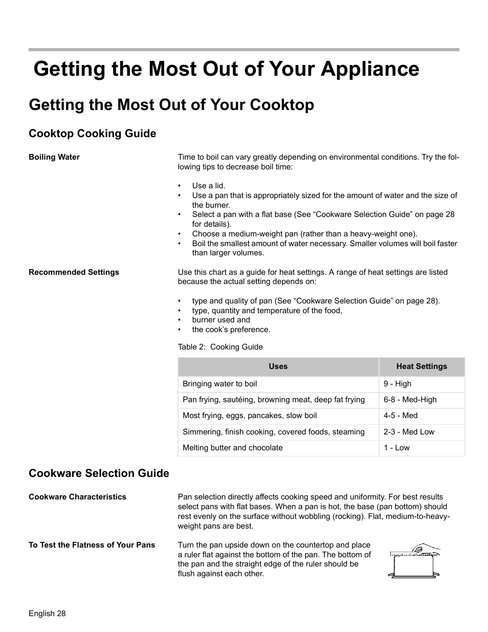 Getting the most out of your appliance, Getting the most out of your cooktop, Cooktop cooking guide | Boiling water, Recommended settings, Table 2: cooking guide, Cookware selection guide, Cookware characteristics, To test the flatness of your pans | Siemens HD2528U  EN User Manual | Page 30 / 52