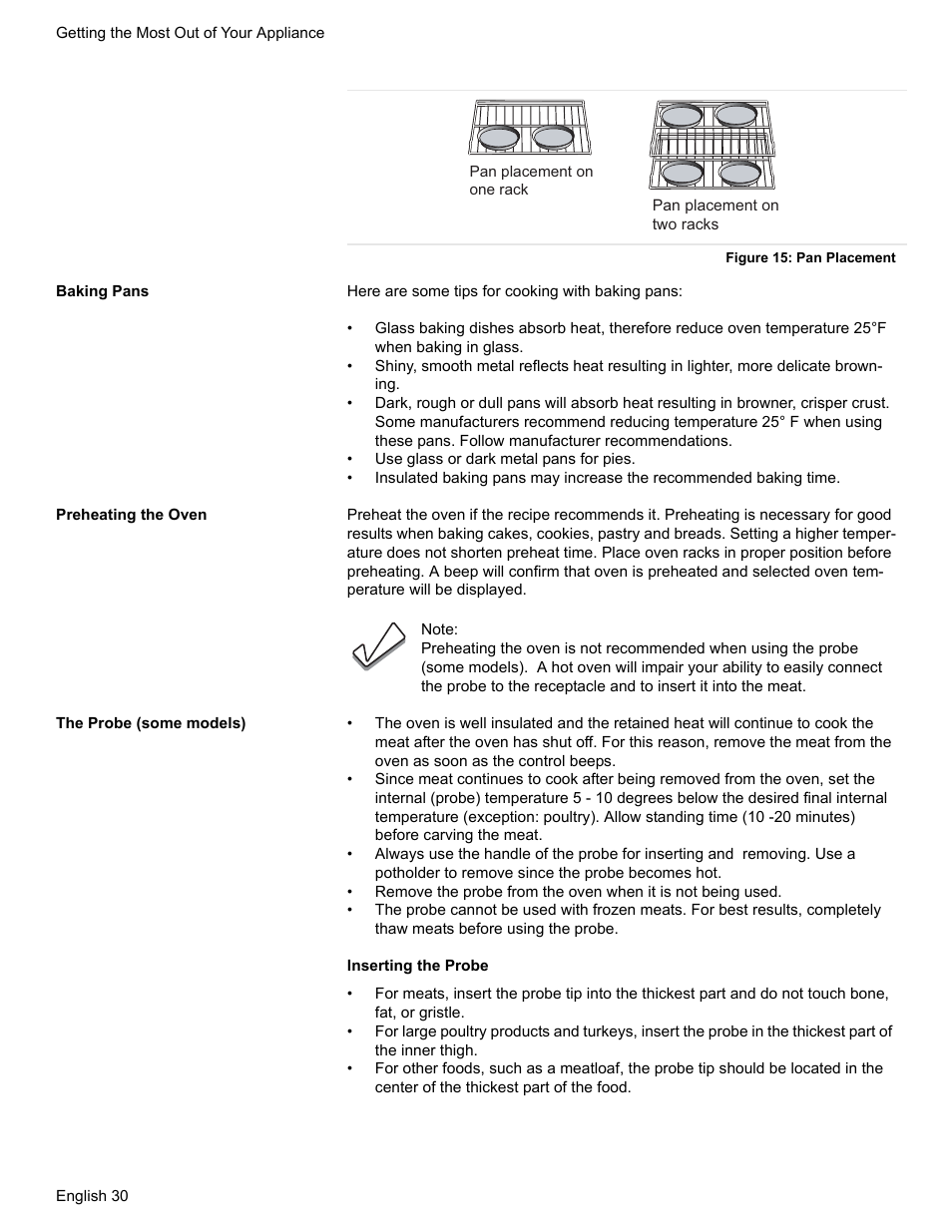 Figure 15: pan placement, Baking pans, Preheating the oven | The probe (some models) | Siemens HD2528U  EN User Manual | Page 32 / 52