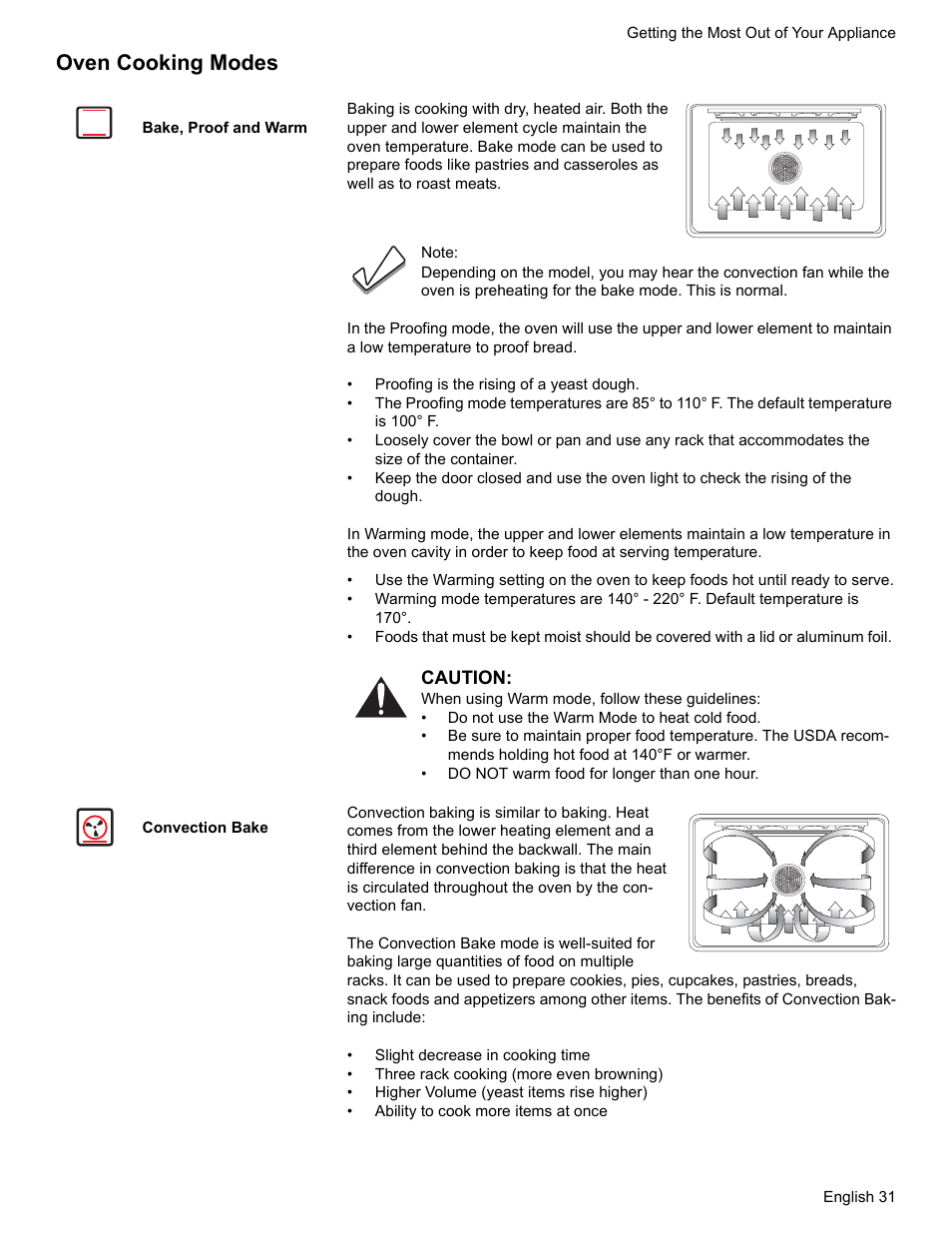 Oven cooking modes, Bake, proof and warm, Convection bake | Siemens HD2528U  EN User Manual | Page 33 / 52