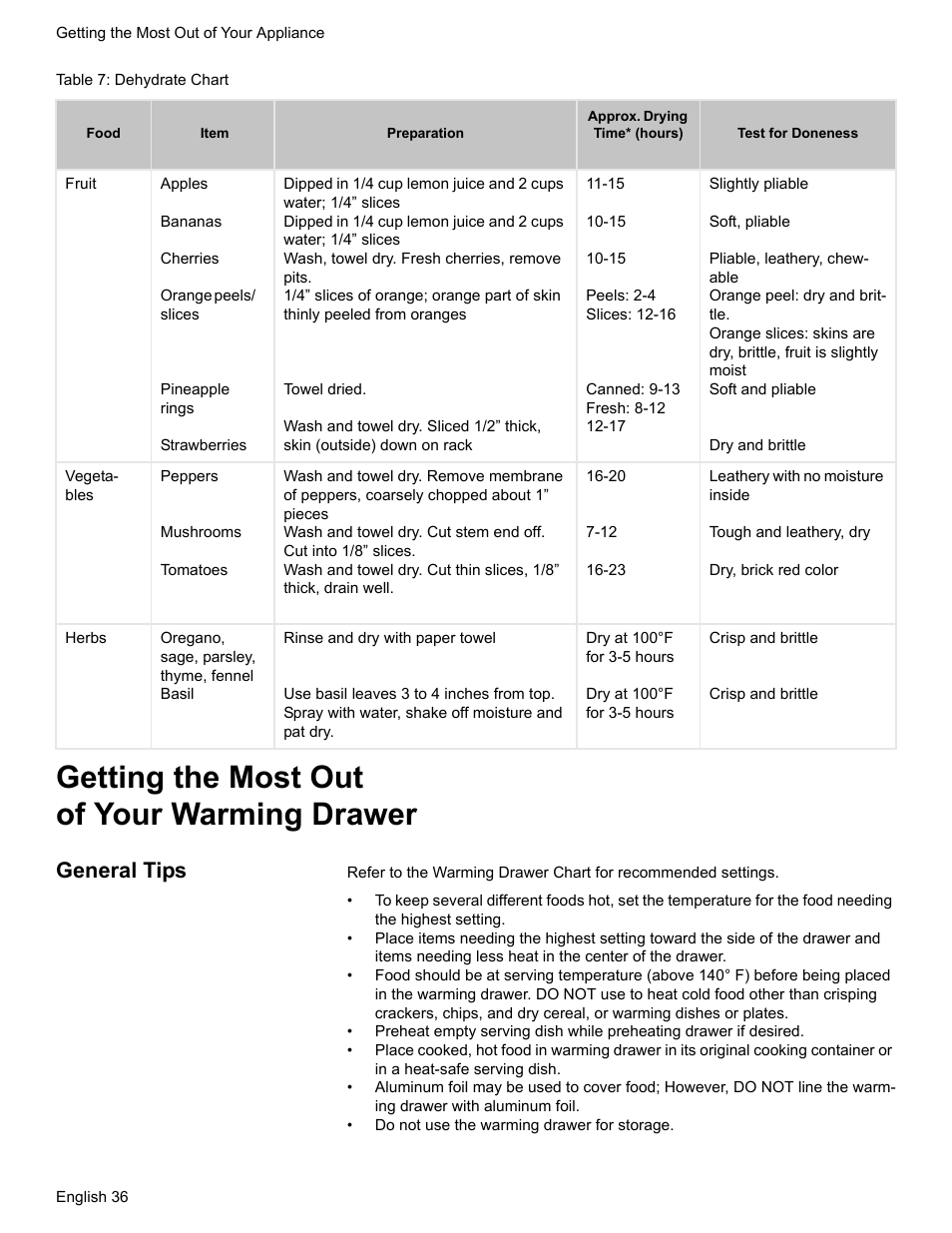 Table 7: dehydrate chart, Getting the most out of your warming drawer, General tips | Siemens HD2528U  EN User Manual | Page 38 / 52