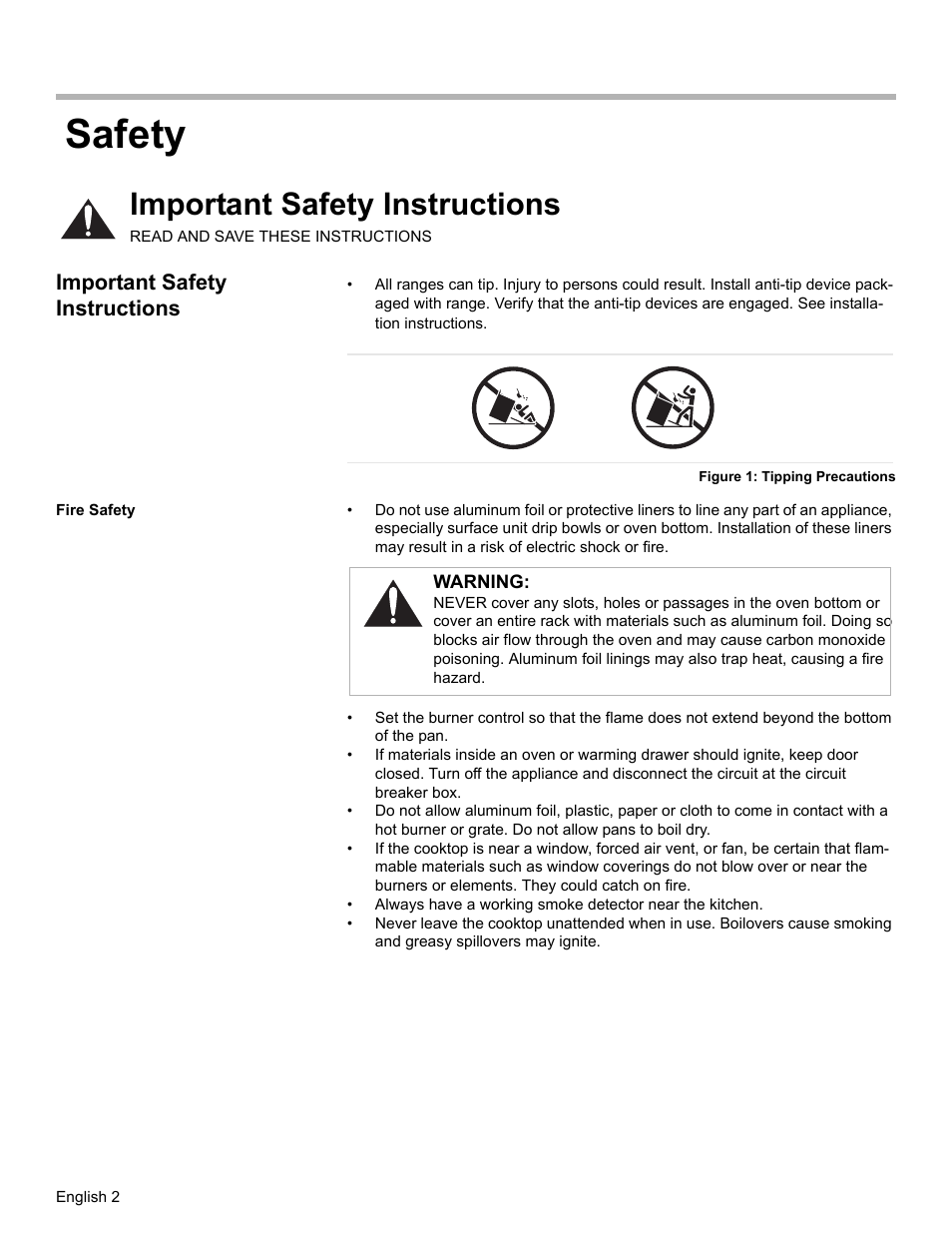 Safety, Important safety instructions, Figure 1: tipping precautions | Fire safety | Siemens HD2528U  EN User Manual | Page 4 / 52