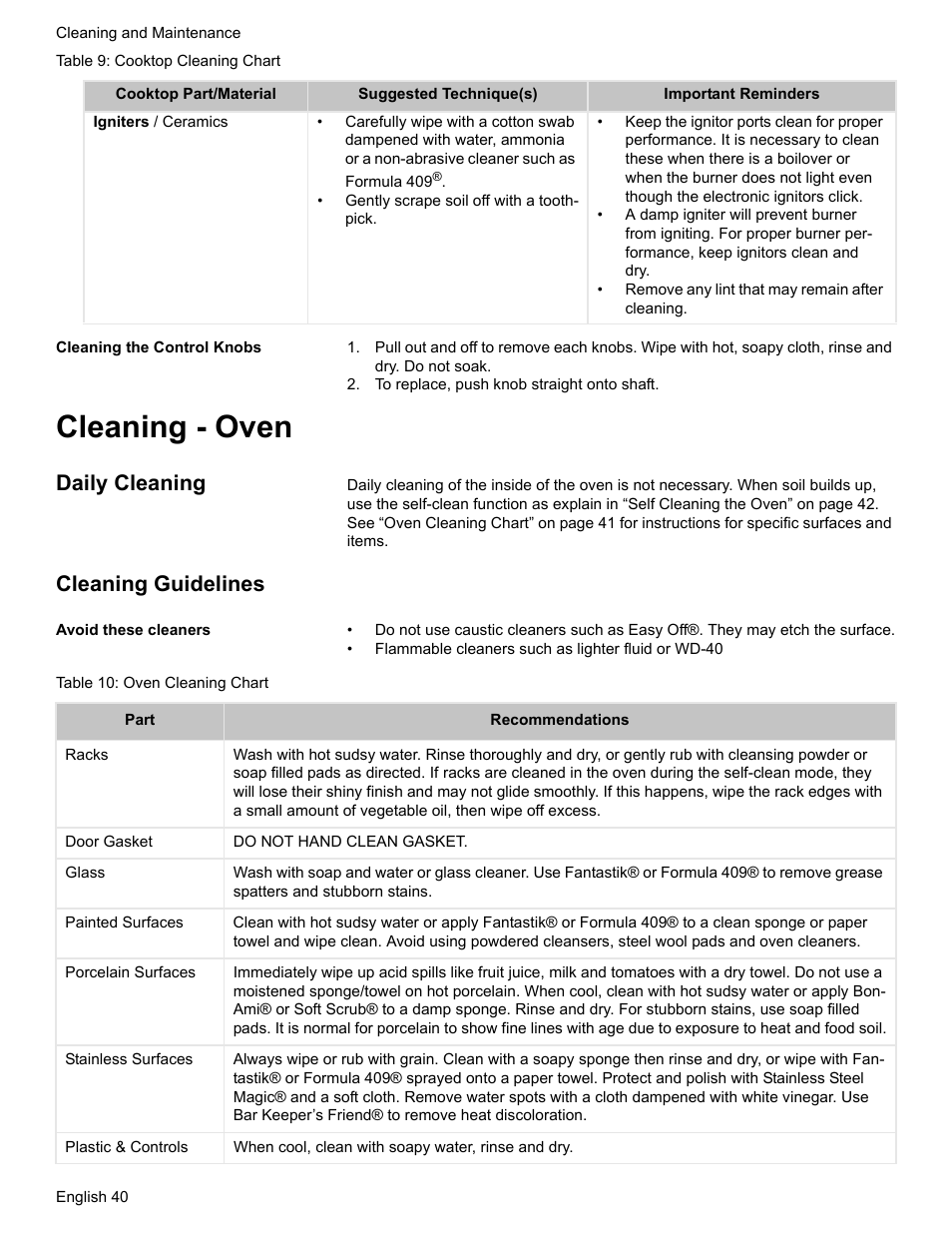 Cleaning the control knobs, To replace, push knob straight onto shaft, Cleaning - oven | Daily cleaning, Cleaning guidelines, Avoid these cleaners, Table 10: oven cleaning chart | Siemens HD2528U  EN User Manual | Page 42 / 52