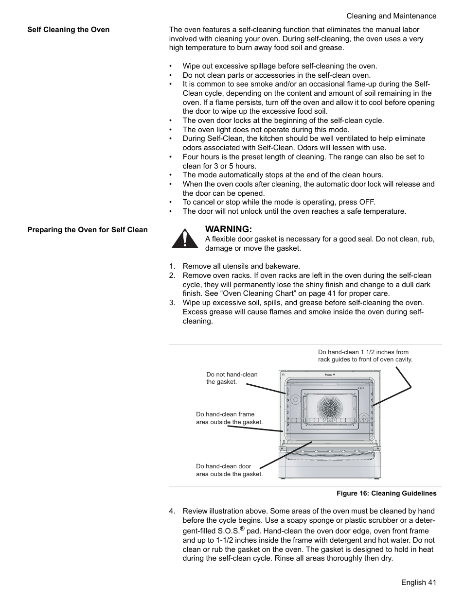 Self cleaning the oven, Preparing the oven for self clean, Remove all utensils and bakeware | Figure 16: cleaning guidelines | Siemens HD2528U  EN User Manual | Page 43 / 52