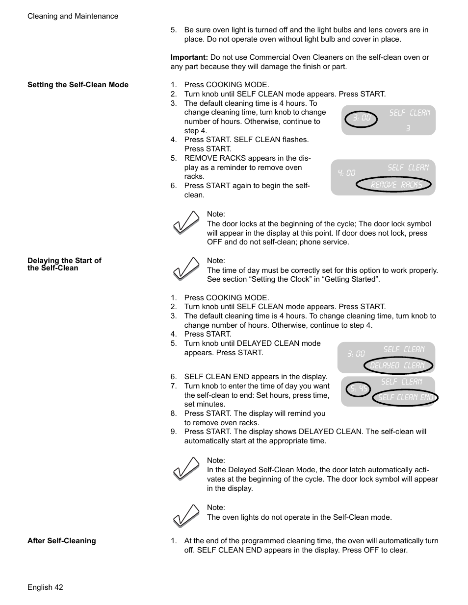 Setting the self-clean mode, Press cooking mode, Press start. self clean flashes. press start | Remove racks, Press start again to begin the self- clean, Delaying the start of the self-clean, Press start, Self clean end appears in the display, After self-cleaning | Siemens HD2528U  EN User Manual | Page 44 / 52