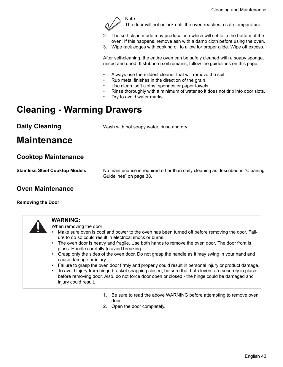 Cleaning - warming drawers, Daily cleaning, Maintenance | Cooktop maintenance, Stainless steel cooktop models, Oven maintenance, Removing the door, Open the door completely | Siemens HD2528U  EN User Manual | Page 45 / 52