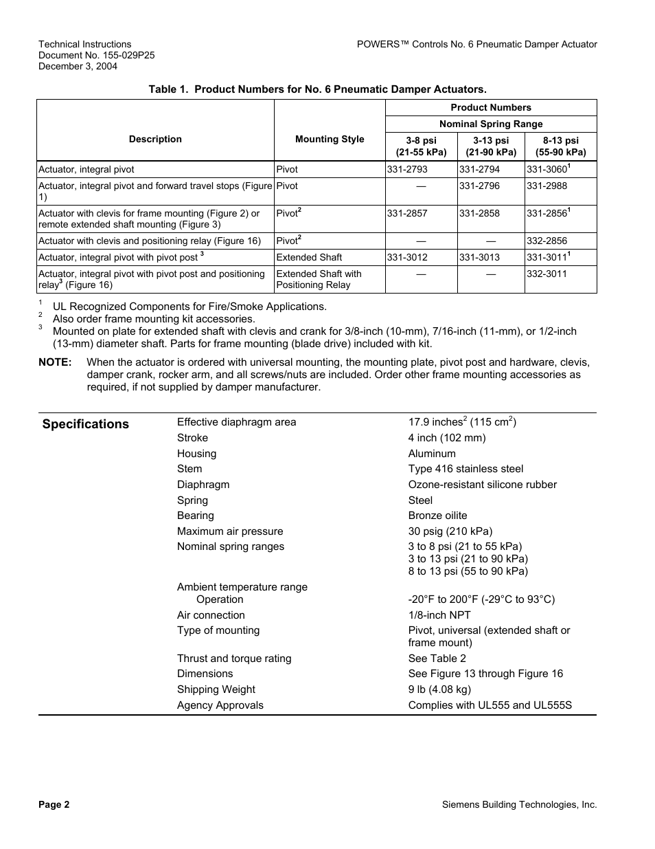 Specifications | Siemens 331-2856 User Manual | Page 2 / 12