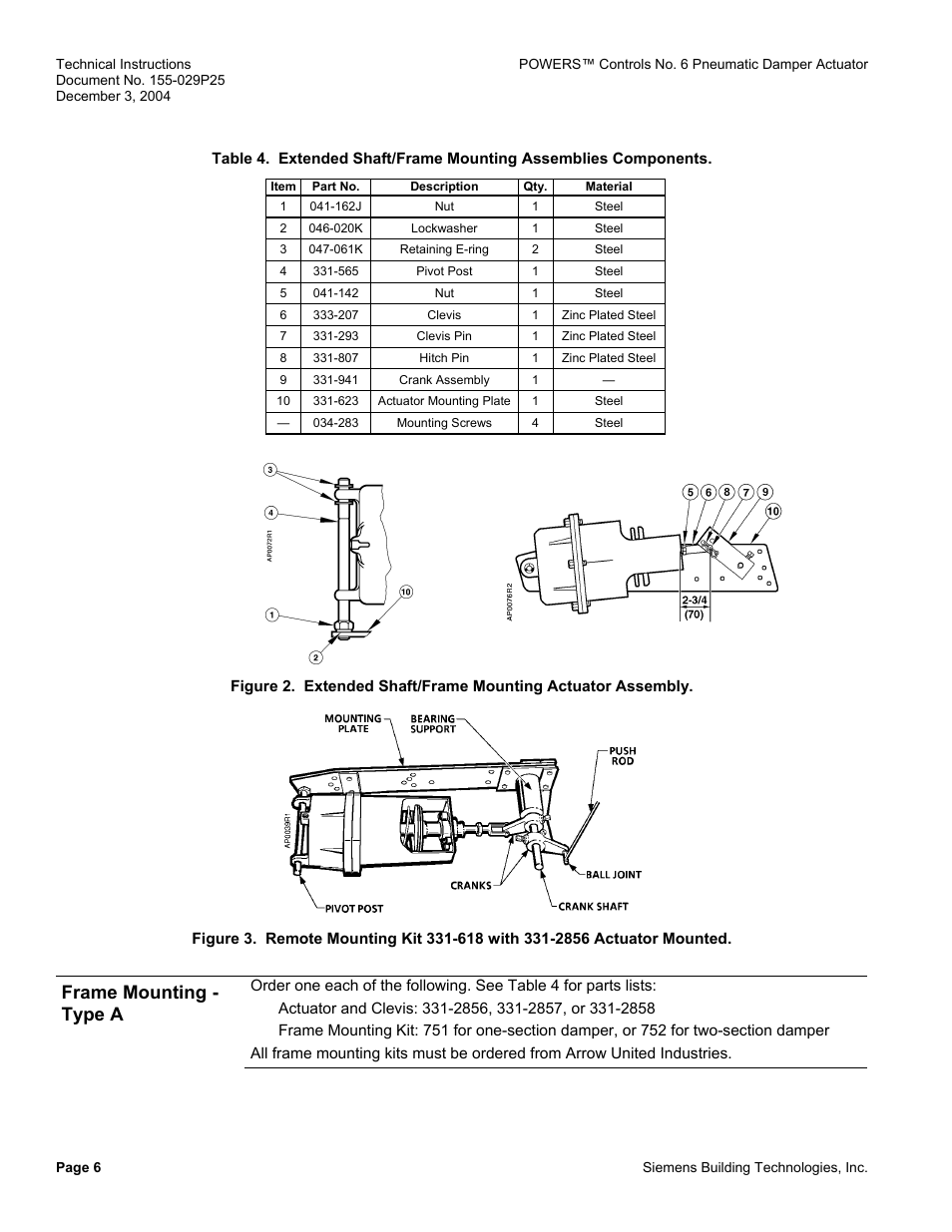 Remote mounting kit (extended shaft), figure 3, Frame mounting - type a | Siemens 331-2856 User Manual | Page 6 / 12