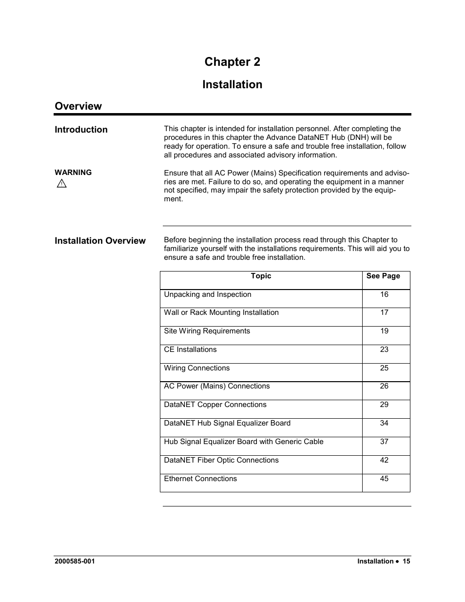 Installation, Overview, Overview 15 | On 15, Chapter 2 | Siemens DataNET Hub (DNH) User Manual | Page 23 / 97