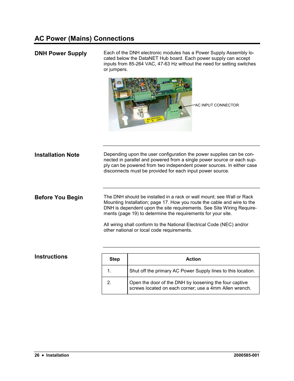 Ac power (mains) connections | Siemens DataNET Hub (DNH) User Manual | Page 34 / 97